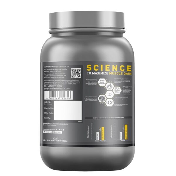 MuscleBlaze Biozyme Performance Whey Protein Powder, French Vanilla Creme (1kg / 2.2lbs) | 25g Protein Per Scoop | Clinically Tested 50% Higher Protein Absorption - Image 2