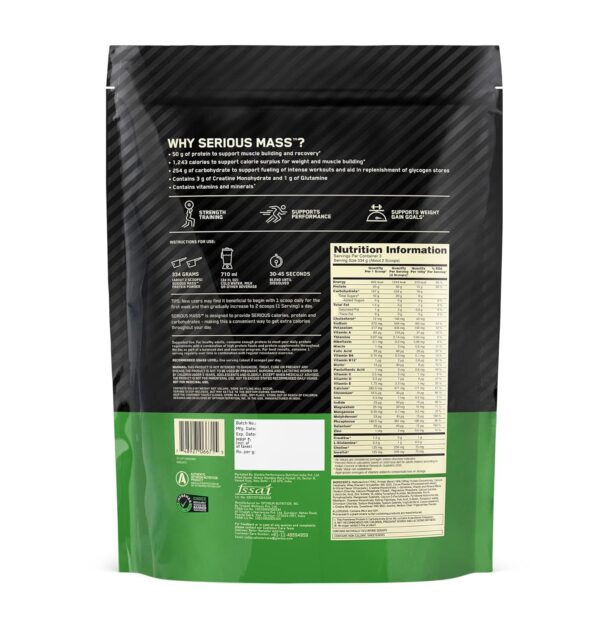 Optimum Nutrition (ON) Serious Mass High Protein High Calorie Weight Gainer Powder - 1 kg (Chocolate) with Vitamins and Minerals, Suitable for Vegetarians - Image 2