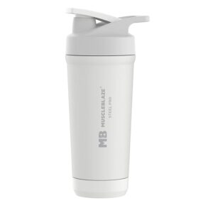 MuscleBlaze Steel Pro Shaker 700 ml with Steel Whisk, Leakproof Gym Shaker Bottle for Supplements, Pristine White