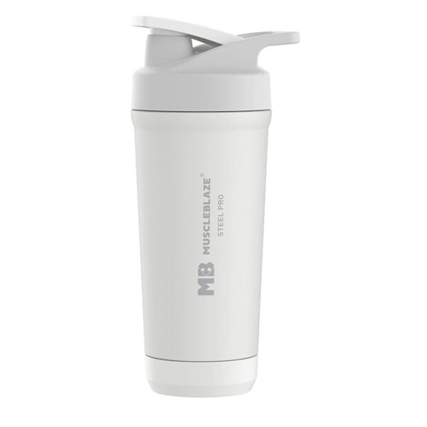 MuscleBlaze Steel Pro Shaker 700 ml with Steel Whisk, Leakproof Gym Shaker Bottle for Supplements, Pristine White